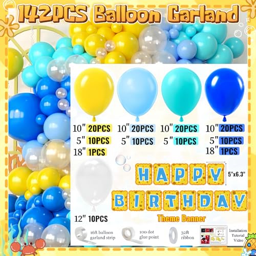 Sponge Birthday Decorations Kit - 153Pcs Under the Sea Party Supplies with Balloon Arch, Backdrop & Video Guide - All-in-O...