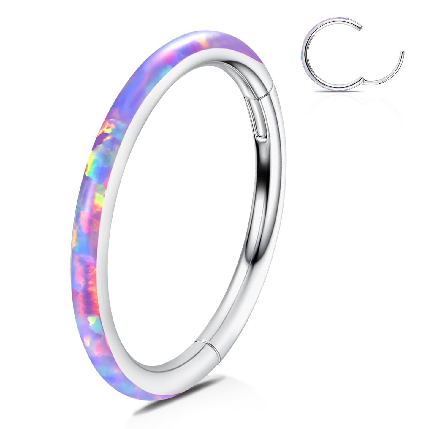 WBRWP Unisex Nose Ring Hoop with Purple Opal 20G(0.8mm) Diameter 8mm 316L Surgical Stainless Steel Hinged Jewelry Hinged Segment