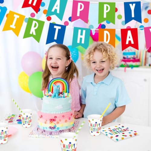 Happy Birthday Decorations: Happy Birthday Party Supplies Set with Birthday Dots Design- Includes Disposable Paper Birthda...