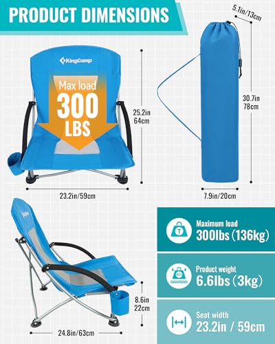 KingCamp Low Beach Chairs, Folding Portable Chair for Adults Lightweight Extra Wide Seat 300lbs Heavy Duty Oversized Backp...