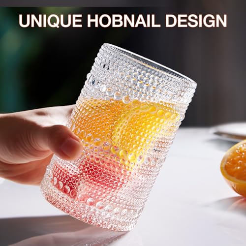 Potdoctor Hobnail Drinking Glasses Set of 8, 4 Highball Glasses 15oz,4 Rocks Glasses 12oz,Mixed Drink Cocktail Glass, Vint...