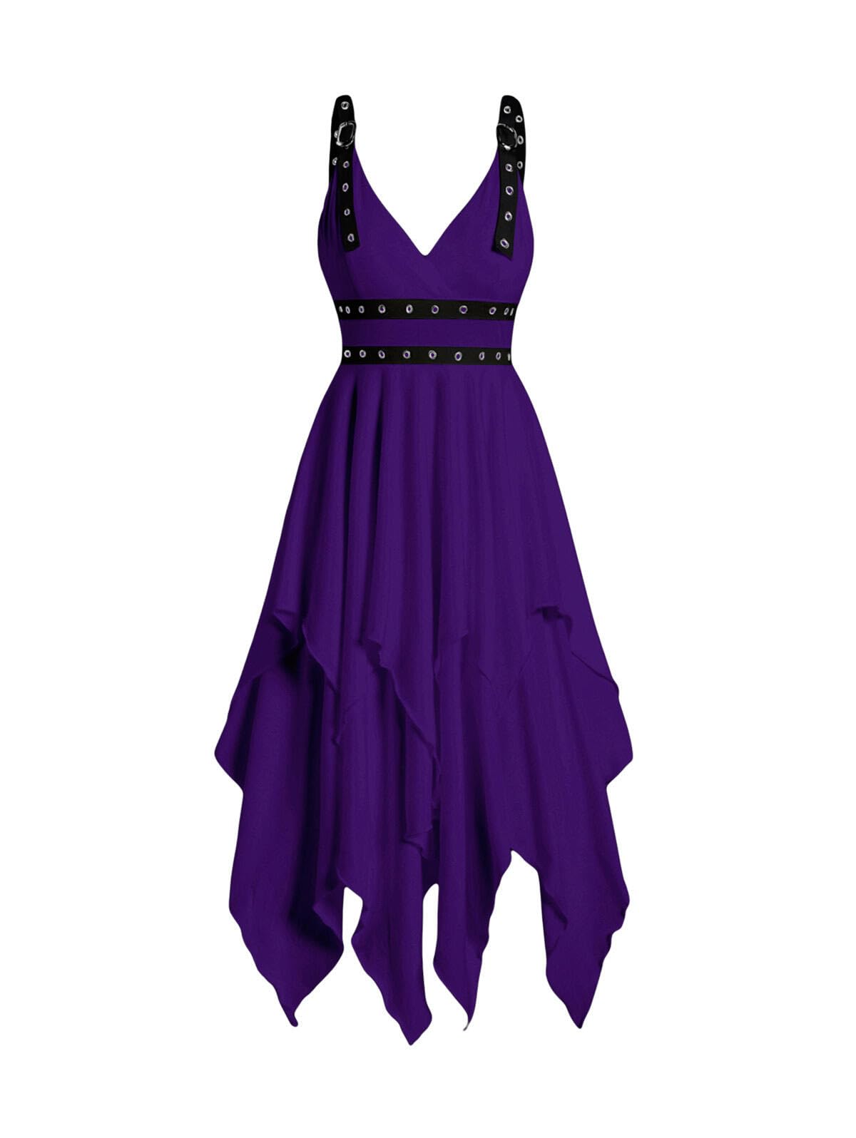DRESSFO Women's Casual Sleeveless V Neck Tiered A Line Flowy Wrap Gothic Dress (Concord/Large)