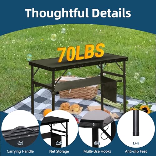 LOFTEY Folding Camping Table with 3 Adjustable Height, 3ft Foldable Aluminum Camp Table, Lightweight with Storage Bag, Por...