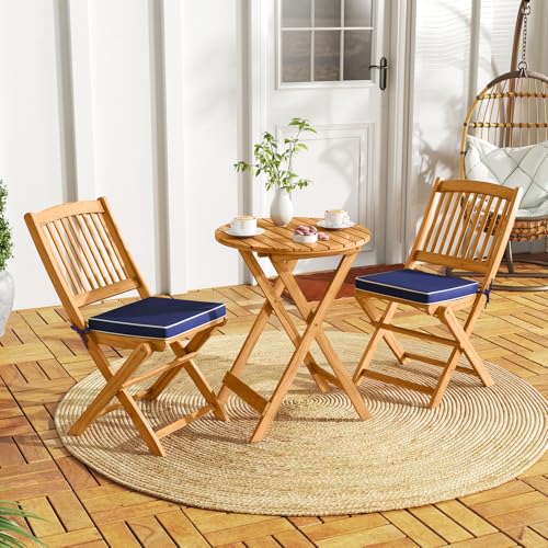 Tangkula 3 Pieces Acacia Wood Patio Folding Bistro Set, Outdoor Table and Chairs Set with Soft Cushions, Patio Furniture S...