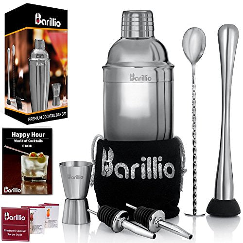 Barillio Mixology Bartender Kit - 8 pcs Stainless Steel Travel Cocktail Shaker Set with Bag - Bar Tools Set with Martini S...