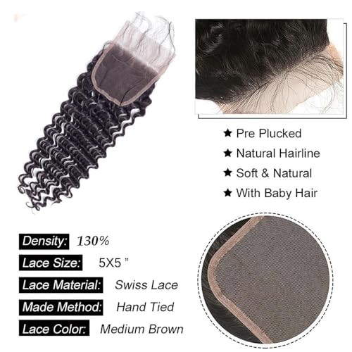 Deep Wave Bundles with Closure Human Hair 16 18 20 inch Human Hair Bundles with 14 inch 5x5 HD Lace Closure Free Part 100% Unprocessed Virgin Hair Bundles Natural Color Soft
