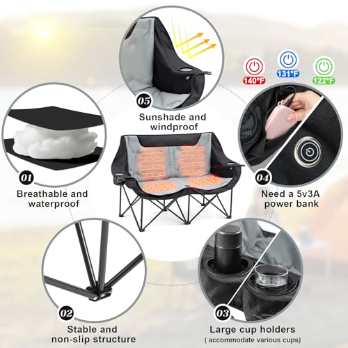 Low Double Heated Double Camping Chair for Adults, Oversized 660lbs Camping Chair with 4 Heating Zones & 3 Heat Levels Fol...
