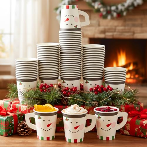 Maxcheck 100 Pieces Christmas Paper Cups with Handle 9 oz Holiday Disposable Cups Drinking Hot Chocolate Coffee Cup for Xm...