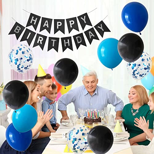ANSOMO Blue and Black Happy Birthday Party Decorations for Boys Men Banner Balloons Navy Royal Light Blue Pom Poms Foil Cu...