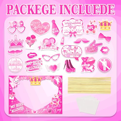 Happy Galentines Day Photo Booth Props Kit, Galentines Day Photo Prop Frame&24 PCS Selfie Photo Booth Accessories with “Ha...
