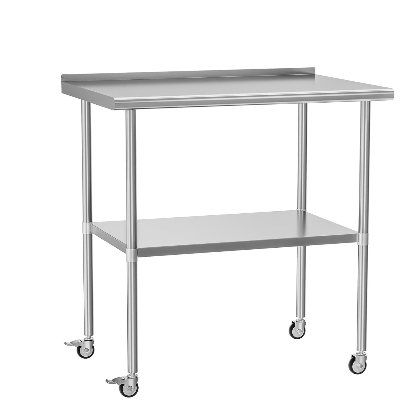 HOCCOT Stainless Steel Prep Table 30" X 36" with Adjustable Undershelf, Backsplash and Wheels, Commercial Metal Workstations for Kitchen, Garage, Outdoor BBQ