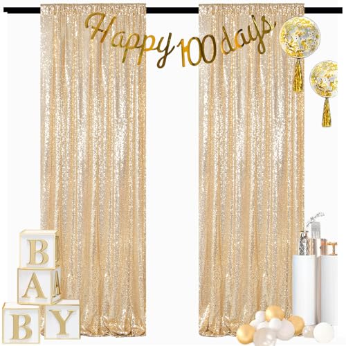 ShinyBeauty Light Gold Backdrop Sequin Curtains 4FTx7FT 2 Pieces Photograph Backdrops Golden Curtain Panels Shimmer Backgr...