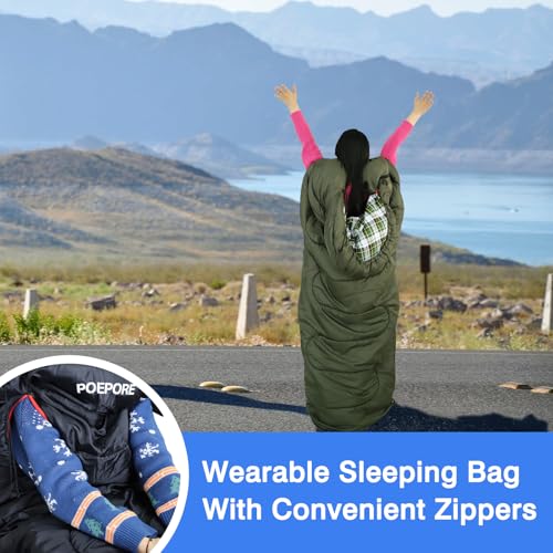 POEPORE Flannel Sleeping Bag Cotton 0 Degree Cold Weather for Adults XXL Wearable Sleeping Bag 4 Seasons Waterproof with C...