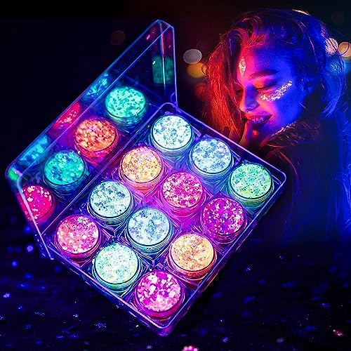 Glow in The Dark Body Face Glitter Gel for Women, 12 Colors Glitter Gel Makeup Chunky Fine Glitter, UV Black Light Accesso...