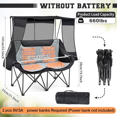 Heated Double Camping Chair with Canopy for Adult, Oversized 660lbs Folding Chair with Padded, 4 Heating Zones and 3 Heat ...