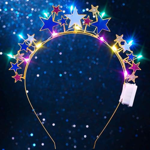DRESBE Light Up Colorful Star Headband New Year LED Stars Headbands NYE Glow Party Hair Accessories for Women (Gold)
