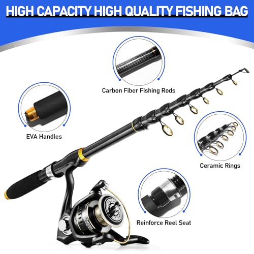 Telescopic Fishing Rod and Reel Combo Kit, 2PACK 6.9FT Carbon Fiber Collapsible Rods, Spinning Reels, Lures and Carrier Ba...