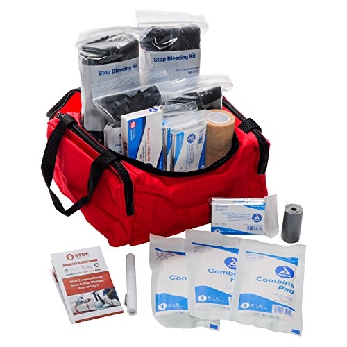 MFASCO Stop The Bleed Trauma Kit 4 Pack - Red Bag with STAT Tourniquet - Fully Stocked First Responder, EMT, & Military Fi...