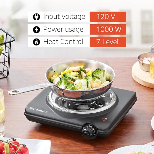 Elite Gourmet ESB100B Countertop Single Coiled Burner Electric Hot Plate, Temperature Control, Indicator Light, Easy to Cl...