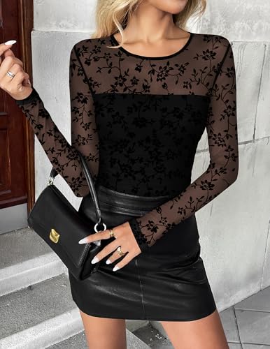 Zeagoo Long Sleeve Shirts for Women Sheer Mesh Sexy Blouses Fall Fashion Crewneck Going Out Tops