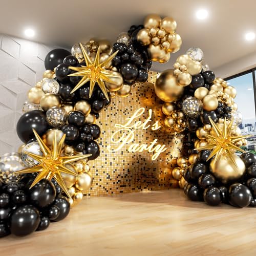 FOTIOMRG Black and Gold Balloons Garland Arch Kit, 5 10 12 18inch Black Gold Confetti Latex Balloons for 2025 Graduation N...