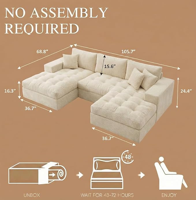 NAYA 106” Modular Sectional Sofa, Cloud Sectional Couch with Deep Seat, Modern Modular L-Shape Sofa Boneless Couch with Chaise for Living Room Bedroom (Beige, Cloudy U-Shaped Minimalist Sofa)
