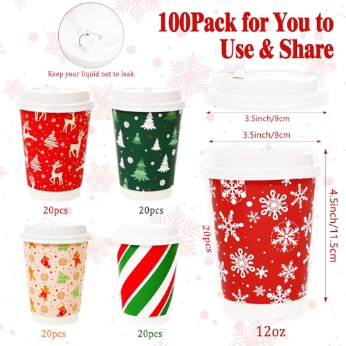 FULJOOY 100 Sets Snowflake Gingerbread Man Christmas Tree Candy Disposable Coffee Cups with Dome Straws Sleeves 12 oz Pape...