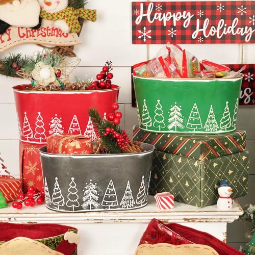 Putuo Decor 4 Packs Christmas Oval Metal Ice Buckets, Christmas Decorations Galvanized Storage Beverage Tubs Tin Bucket Pa...