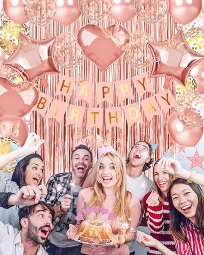 Lutoys Rose Gold Happy Birthday Party Decorations, Happy Birthday Banner, Rose Gold Foil Heart Star Confetti Balloons Curt...