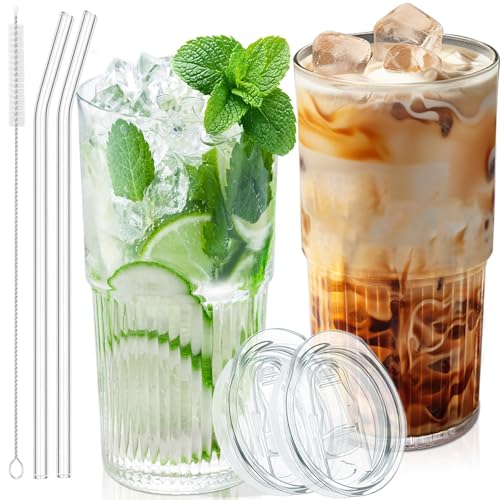 Luiaiog 18.5oz Glass Cups with Lids and Straws - Set of 2 Reusable Tumblers, Thickened Shatter-Resistant Glass, Ideal for ...