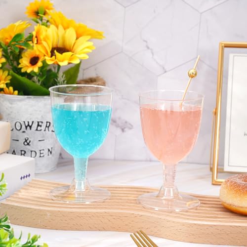 Whaline 200Pcs 5 oz Plastic Wine Glasses with Stem and Gold Pearl Cocktail Picks Set Disposable Clear Cups Drink Goblets w...