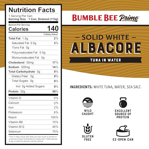 Bumble Bee Prime Solid White Albacore Tuna in Water, 5 oz Cans (Pack of 4) - Premium Wild Caught Tuna - 32g Protein per Se...