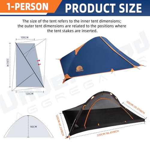 1 Person Backpacking Tent for Camping - Ultralight Waterproof Outdoor One Person Tent, Windproof Rainproof Compact Single ...