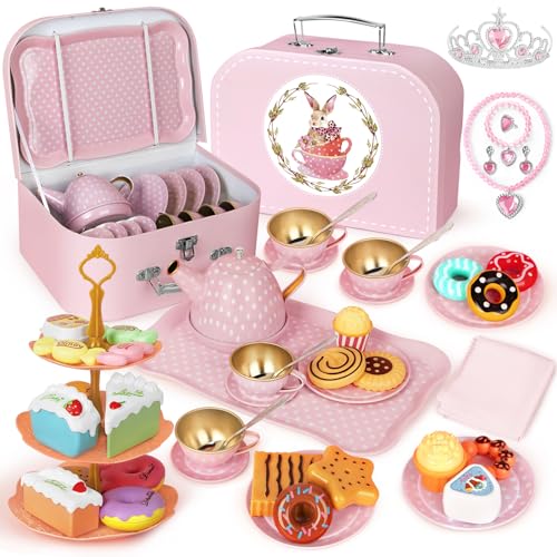 iAOVUEBY Tea Party Set for Little Girls, 49PCS Princess Tea Time Toys Including Tea Set Dessert Carrying Case, Kids Kitche...