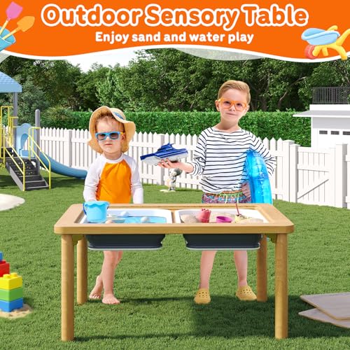 FUNLIO Foldable Wooden Sensory Table with 2 Bins & 1 Foldable Chair for Toddlers, Kids Sensory Table with Anti-Warping Ply...