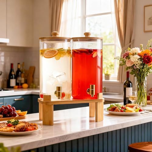 1.5 Gallon 2 Pack Glass Drink dispenser,Beverage Dispenser for parties supplies With Wood Stand,Water Dispensers with spig...