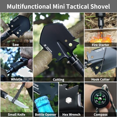 HX OUTDOORS Tactical Survival Shovel, Collapsible and Foldable Entrenching Tool, Portable Multitool for Camping, Hiking, C...