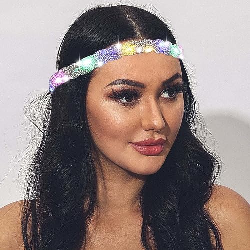 EARENT Light Up Rave Headband Silver Glow Rhinestone Hair Accessories for Women