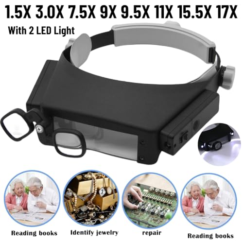 Magnifying Headband Magnifier with Led Light,Head Lamp Magnifying Glass1.5X、3X、7.5X、9X、9.5X、11X、15.5X、17X Jeweler Loupe fo...
