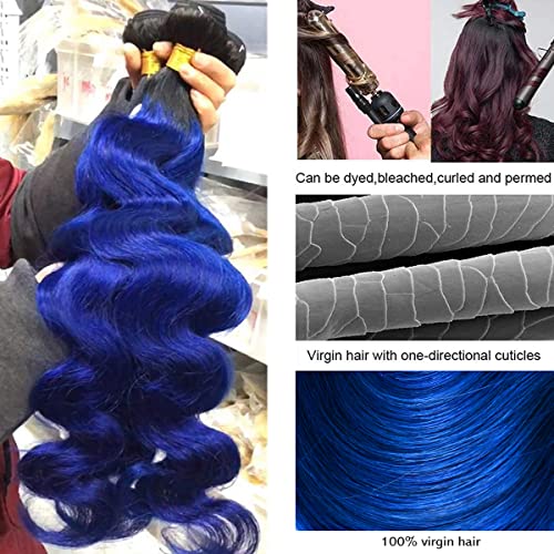 SEXAYHAIR Blue Human Hair Bundles Brazilian Ombre Body 1b/blue Wave 1Bundle Hair Unprocessed Virgin Human Hair Extensions, 2 Tone Ombre Blue Hair Bundles (24",1b/Blue)