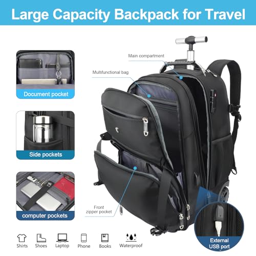 SWICKY RICOOI Backpack with wheels,rolling backpack carry on luggage with Anti-Theft,wheeled backpack for travel,Water-Res...