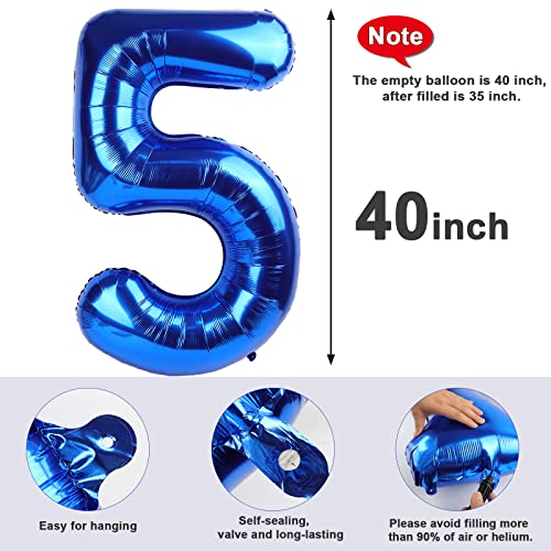 5 Balloon Numbers 40 Inch Blue Birthday Decorations for 5th Boys Girls, Self Inflating Big Navy Number Balloons for 15 25 ...