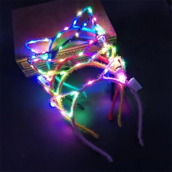 REQO 10 Pieces Cat Ears Headbands Set,LED Cute Cat Light Up Head Accessories,Glowing Girls Headdress Party Supplies For Ni...