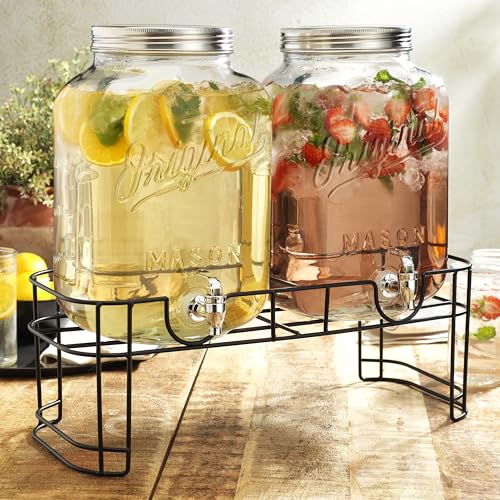 2 GALLON Glass Drink Dispensers for Parties, Original Mason Ice Beverage Dispensers, Glass Water Dispenser with Spigot, La...