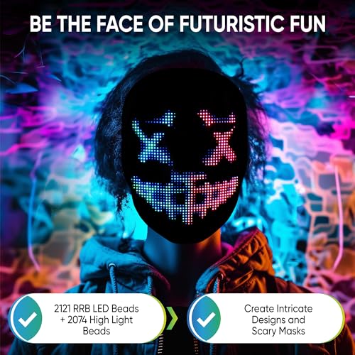 Glow Gear Face Transforming LED Mask App-Controlled Light Up Cosplay Mask with 115+ Animated Faces, Customizable LED Patte...