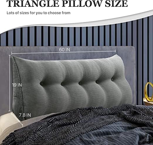 Wedge Headboard Pillow Dorm Room Reading Pillow Back Support for Sitting Up in Bed Bolster Lumbar Cushion Body Positioning Bedrest Corduroy (Dark Gray, Queen (59 * 8 * 20in))