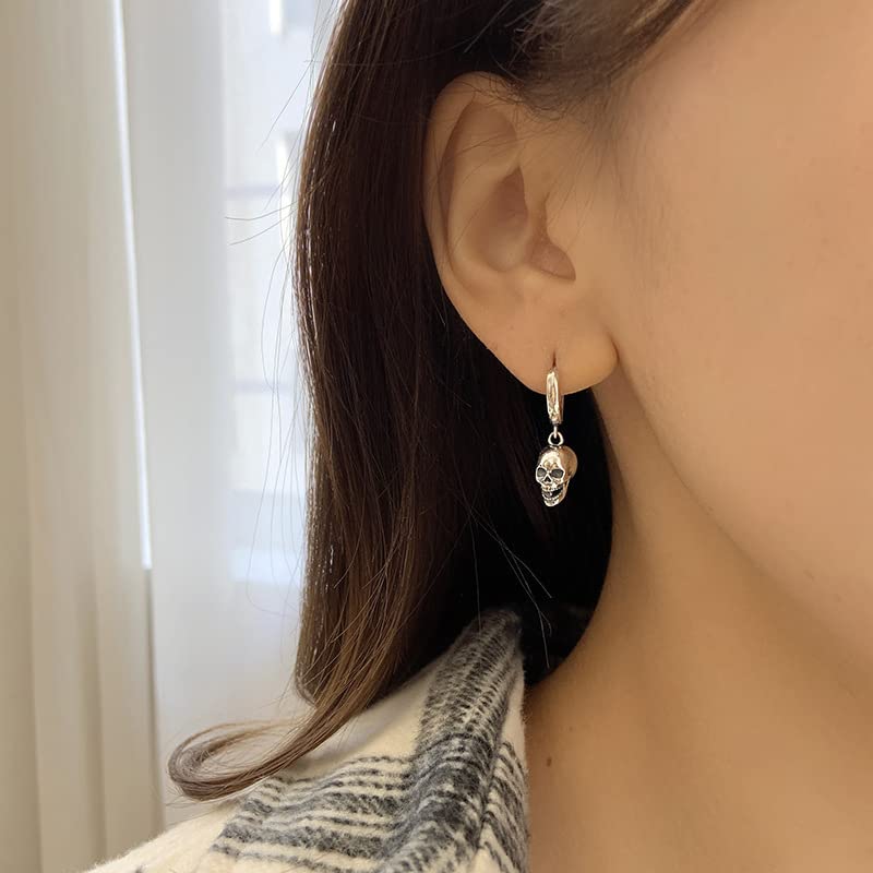 Punk Gothic Skull Dangle Hoop Earrings For Men, Women Silver Plated with Skeleton Head Drop Hoops Earrings Unisex Halloween Jewelry(A)
