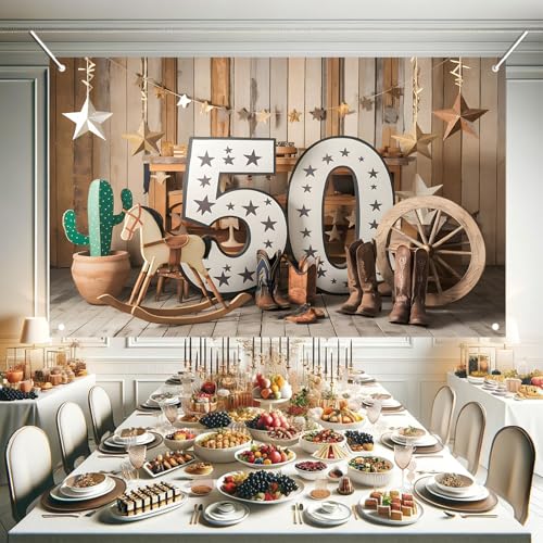 MOXDBT 50th Birthday Western Cowboy Backdrop Banner - Rustic Wild West Theme Polyester Photo Background for Party Decor, 7...