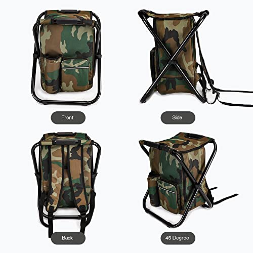 YESIACE Portable Hiking Camouflage Camping Stool, Folding Camping Chair Stool Backpack with Cooler Insulated Picnic Bag
