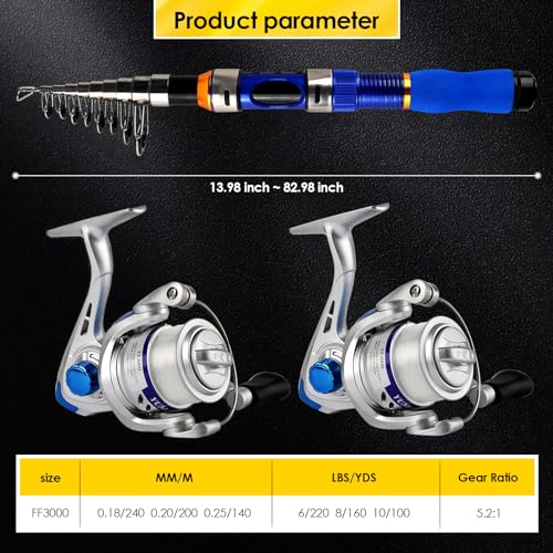 Telescopic Fishing Rod Reel Combo 2PCS 6.89FT Collapsible Fishing Pole Spinning Reel Lures Accessories with Fishing Bag Po...